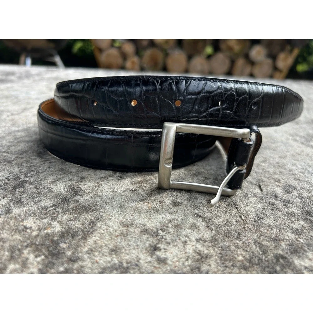 Hart Schaffner Marx Mens Black Crocodile Embossed Leather Belt Silver Buckle 34